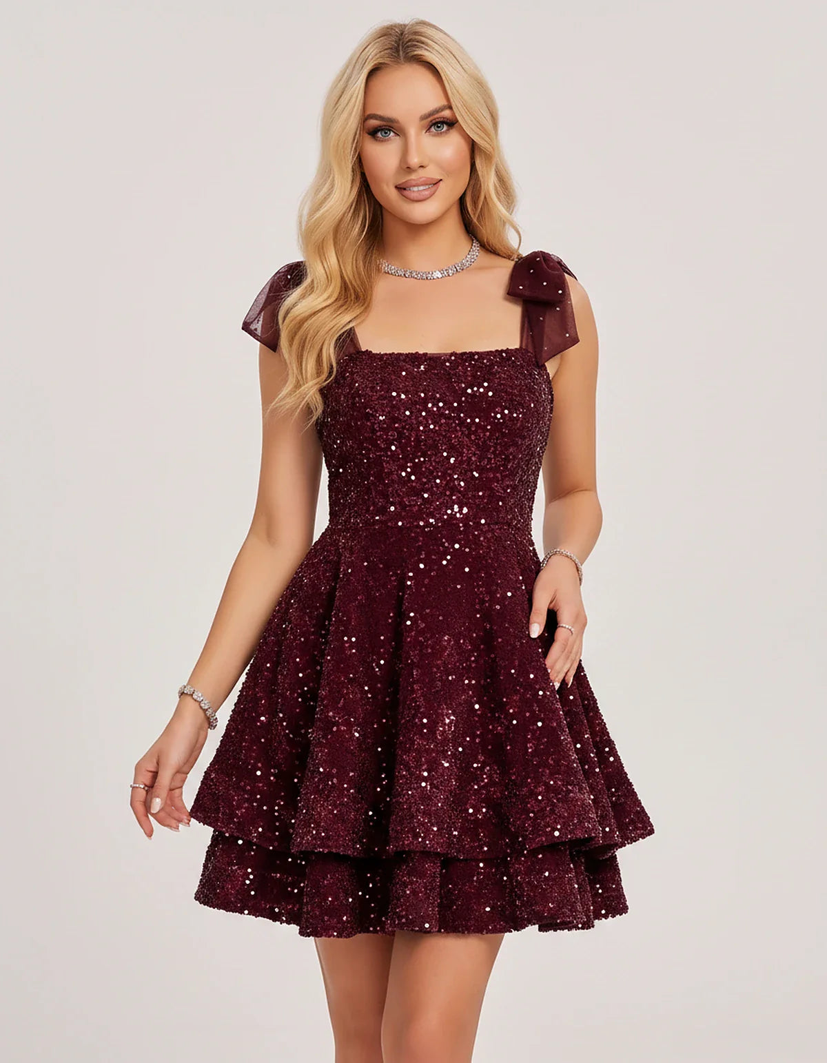 Polyester Sequin Sleeveless Strapless Tiered A-Line Mini Dress for Party, Cocktail, Evening, Summer & Wedding Guest Events, f | SKU: LMD-483920174615382-BURGUNDY-L,LMD-483920174615382-BURGUNDY-M,LMD-483920174615382-BURGUNDY-S,LMD-483920174615382-BURGUNDY-XL,LMD-483920174615382-BURGUNDY-XS