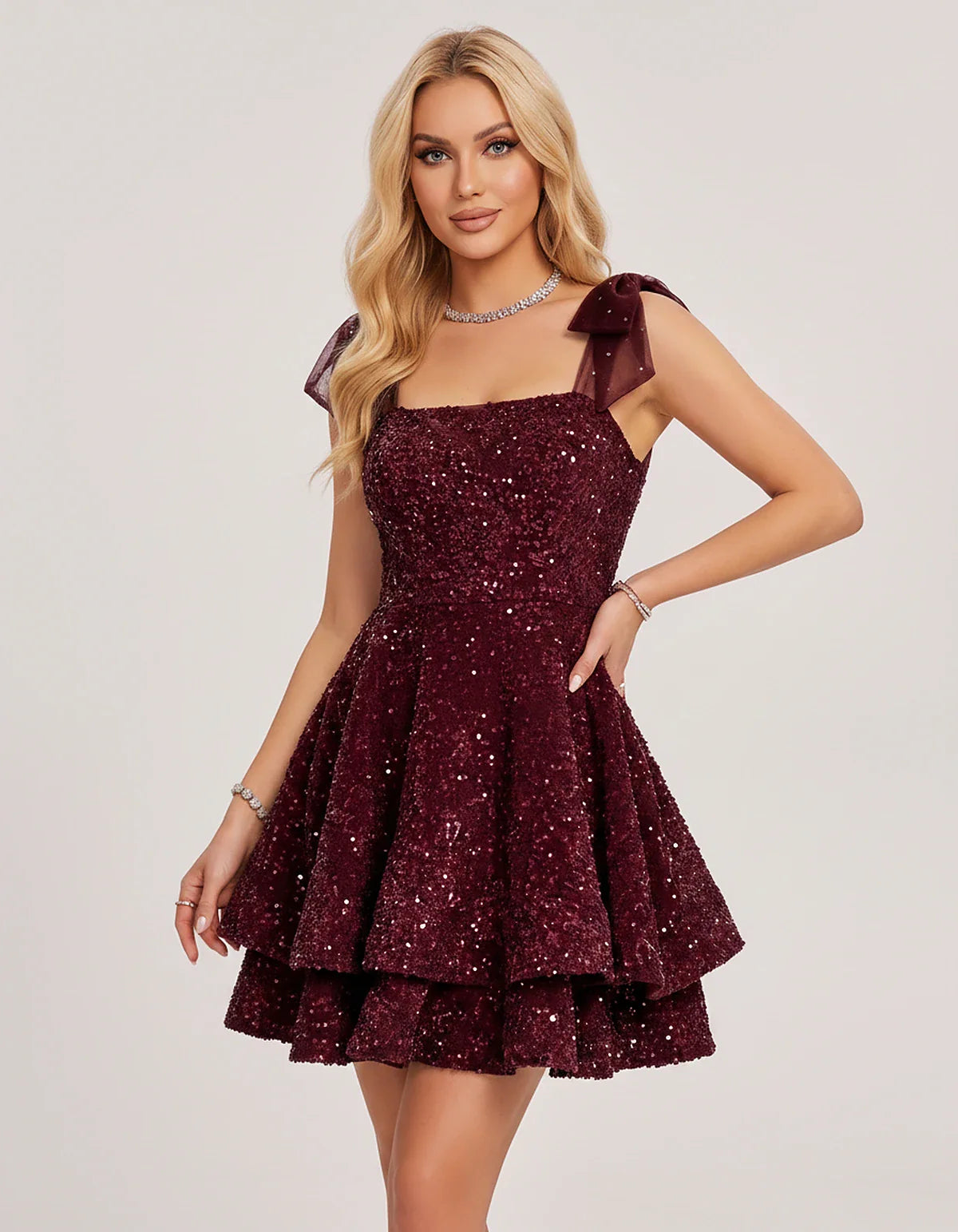 Polyester Sequin Sleeveless Strapless Tiered A-Line Mini Dress for Party, Cocktail, Evening, Summer & Wedding Guest Events, f | SKU: LMD-483920174615382-BURGUNDY-L,LMD-483920174615382-BURGUNDY-M,LMD-483920174615382-BURGUNDY-S,LMD-483920174615382-BURGUNDY-XL,LMD-483920174615382-BURGUNDY-XS