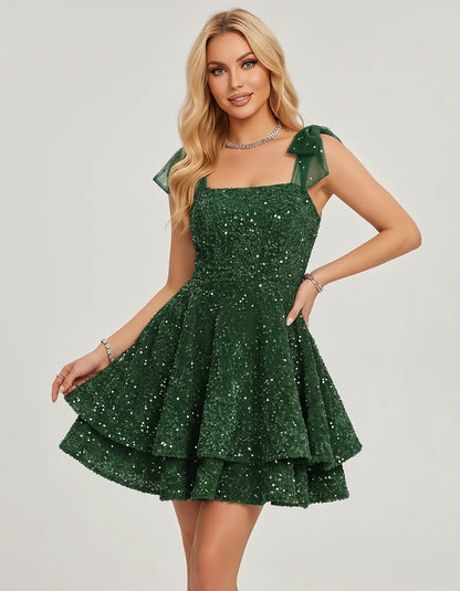 Polyester Sequin Sleeveless Strapless Tiered A-Line Mini Dress for Party, Cocktail, Evening, Summer & Wedding Guest Events, f | SKU: LMD-483920174615382-GREEN-L,LMD-483920174615382-GREEN-M,LMD-483920174615382-GREEN-S,LMD-483920174615382-GREEN-XL,LMD-483920174615382-GREEN-XS