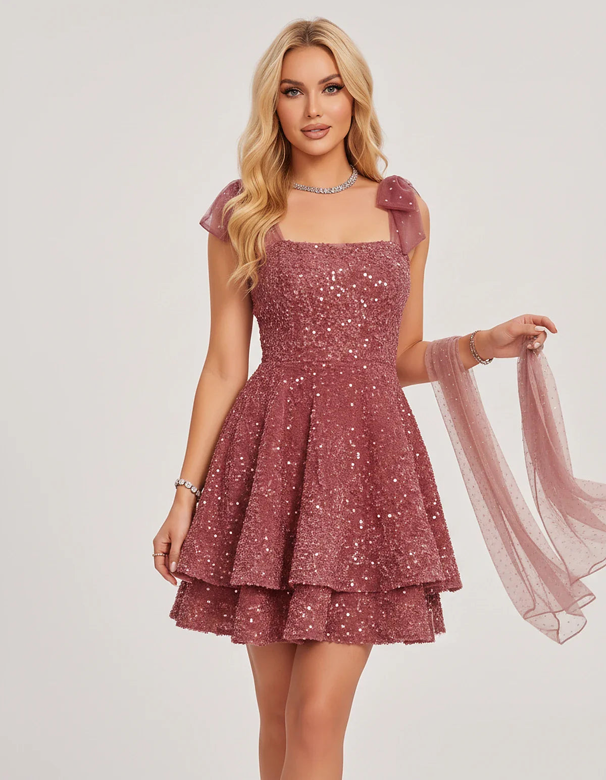 Polyester Sequin Sleeveless Strapless Tiered A-Line Mini Dress for Party, Cocktail, Evening, Summer & Wedding Guest Events, f | SKU: LMD-483920174615382-DUSTYROSE-L,LMD-483920174615382-DUSTYROSE-M,LMD-483920174615382-DUSTYROSE-S,LMD-483920174615382-DUSTYROSE-XL,LMD-483920174615382-DUSTYROSE-XS