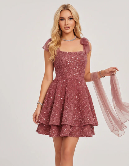 Polyester Sequin Sleeveless Strapless Tiered A-Line Mini Dress for Party, Cocktail, Evening, Summer & Wedding Guest Events, f | SKU: LMD-483920174615382-DUSTYROSE-L,LMD-483920174615382-DUSTYROSE-M,LMD-483920174615382-DUSTYROSE-S,LMD-483920174615382-DUSTYROSE-XL,LMD-483920174615382-DUSTYROSE-XS