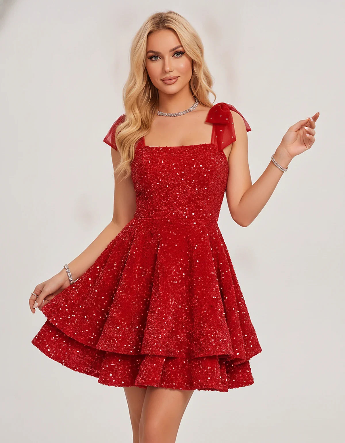 Polyester Sequin Sleeveless Strapless Tiered A-Line Mini Dress for Party, Cocktail, Evening, Summer & Wedding Guest Events, f | SKU: LMD-483920174615382-RED-L,LMD-483920174615382-RED-M,LMD-483920174615382-RED-S,LMD-483920174615382-RED-XL,LMD-483920174615382-RED-XS