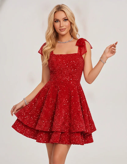 Polyester Sequin Sleeveless Strapless Tiered A-Line Mini Dress for Party, Cocktail, Evening, Summer & Wedding Guest Events, f | SKU: LMD-483920174615382-RED-L,LMD-483920174615382-RED-M,LMD-483920174615382-RED-S,LMD-483920174615382-RED-XL,LMD-483920174615382-RED-XS