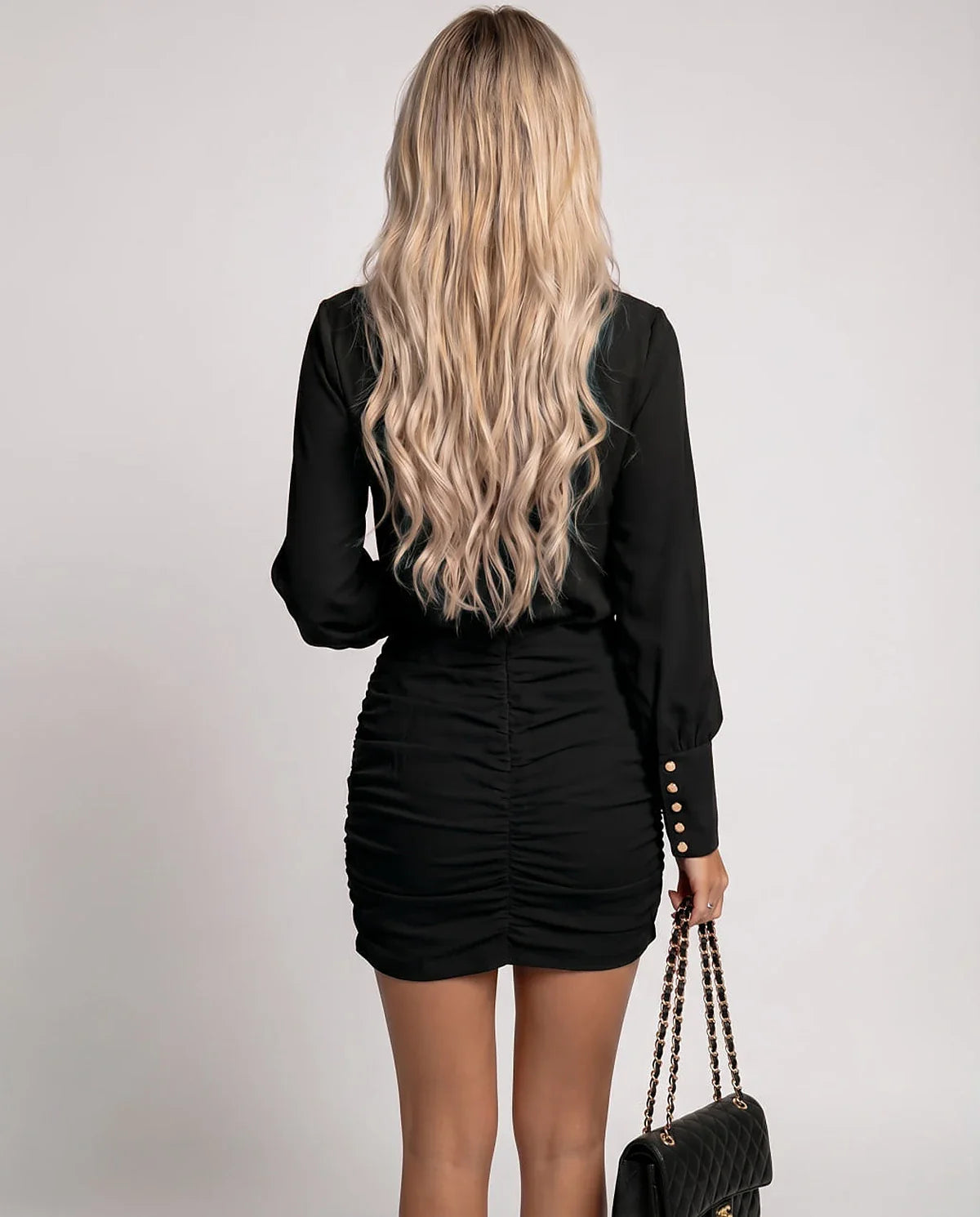 Red,black,white,beige Skater V-Neck Long Sleeve Mini Dress | Prom, Evening Parties, Wedding Season & Brunch, back view | Ramb | SKU: LD-684193752841506-BLACK-L,LD-684193752841506-BLACK-M,LD-684193752841506-BLACK-S,LD-684193752841506-BLACK-XL,LD-684193752841506-BLACK-XS