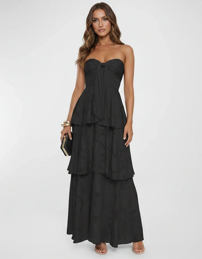 Chiffon Blend Strapless Sweetheart Tiered A-Line Maxi Dress for Party, Cocktail, Evening, Wedding Guest & Summer Events, fron | SKU: LM-482716503914827-BLACK-L,LM-482716503914827-BLACK-M,LM-482716503914827-BLACK-S,LM-482716503914827-BLACK-XL,LM-482716503914827-BLACK-XS