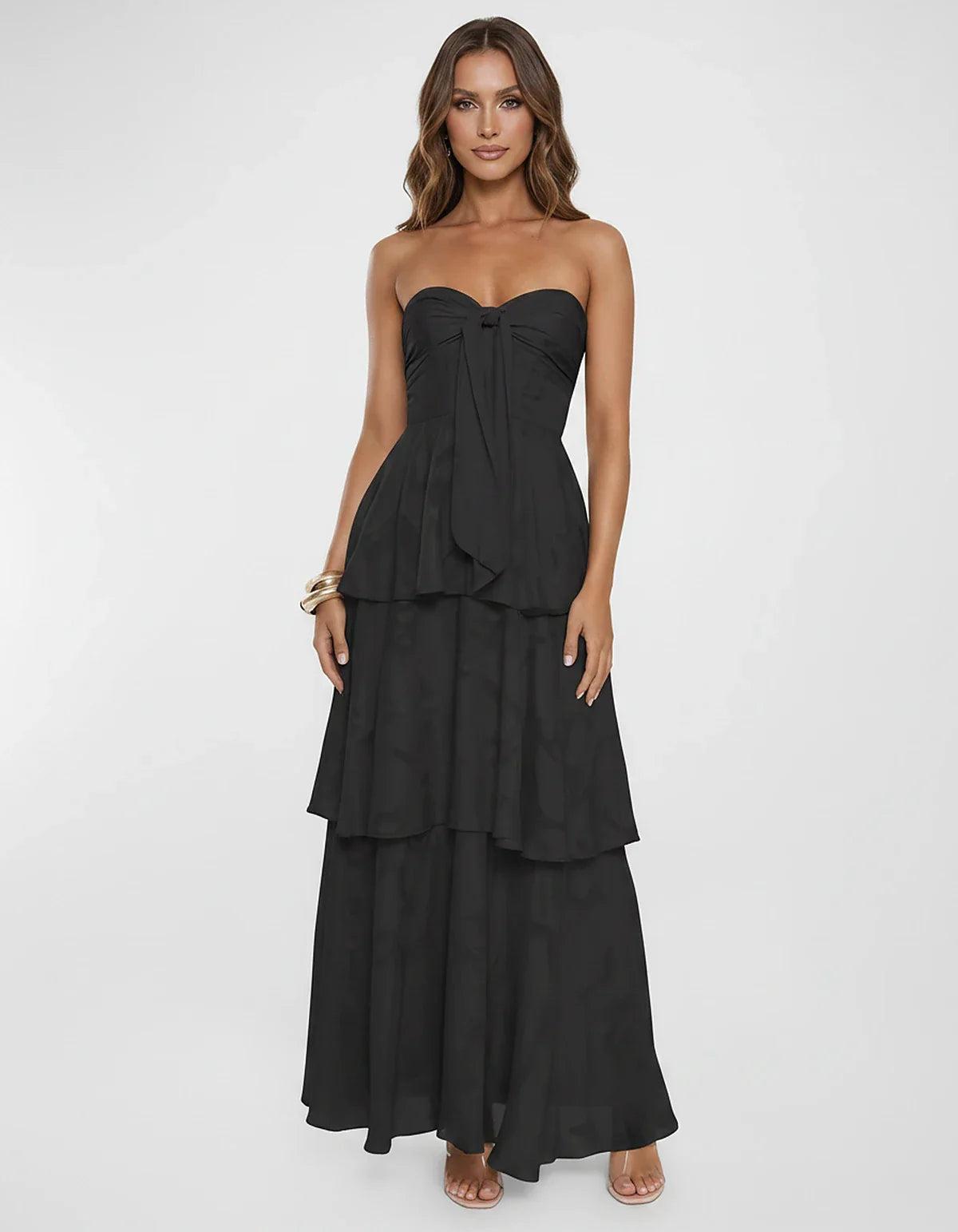 Chiffon Blend Strapless Sweetheart Tiered A-Line Maxi Dress for Party, Cocktail, Evening, Wedding Guest & Summer Events, fron | SKU: LM-482716503914827-BLACK-L,LM-482716503914827-BLACK-M,LM-482716503914827-BLACK-S,LM-482716503914827-BLACK-XL,LM-482716503914827-BLACK-XS