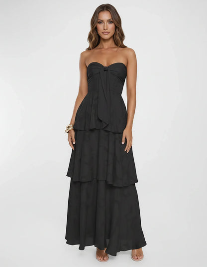 Chiffon Blend Strapless Sweetheart Tiered A-Line Maxi Dress for Party, Cocktail, Evening, Wedding Guest & Summer Events, fron | SKU: LM-482716503914827-BLACK-L,LM-482716503914827-BLACK-M,LM-482716503914827-BLACK-S,LM-482716503914827-BLACK-XL,LM-482716503914827-BLACK-XS