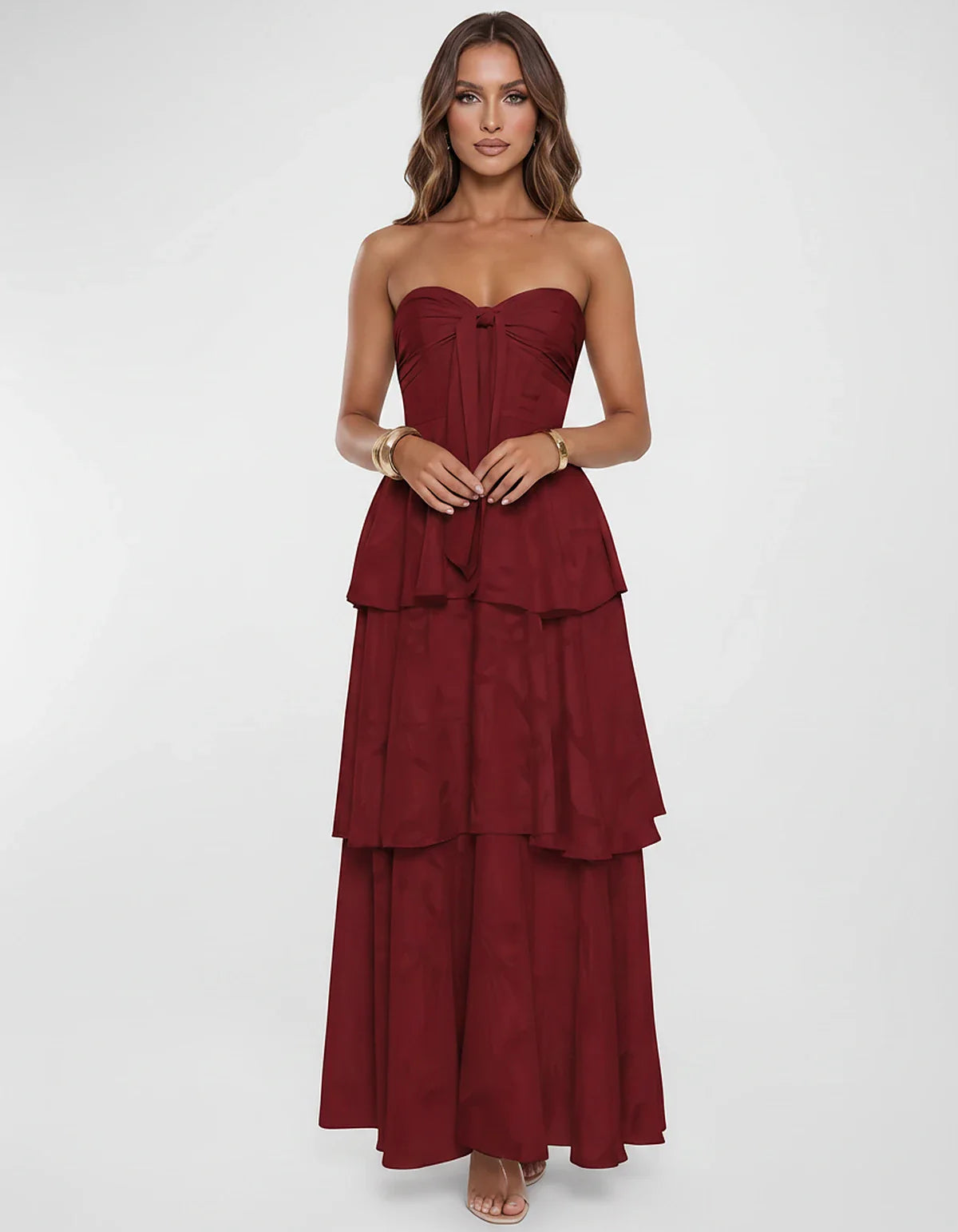 Chiffon Blend Strapless Sweetheart Tiered A-Line Maxi Dress for Party, Cocktail, Evening, Wedding Guest & Summer Events, fron | SKU: LM-482716503914827-BURGUNDY-L,LM-482716503914827-BURGUNDY-M,LM-482716503914827-BURGUNDY-S,LM-482716503914827-BURGUNDY-XL,LM-482716503914827-BURGUNDY-XS