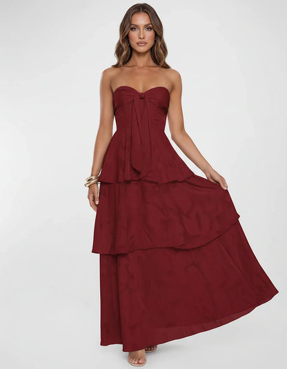 Chiffon Blend Strapless Sweetheart Tiered A-Line Maxi Dress for Party, Cocktail, Evening, Wedding Guest & Summer Events, fron | SKU: LM-482716503914827-BURGUNDY-L,LM-482716503914827-BURGUNDY-M,LM-482716503914827-BURGUNDY-S,LM-482716503914827-BURGUNDY-XL,LM-482716503914827-BURGUNDY-XS