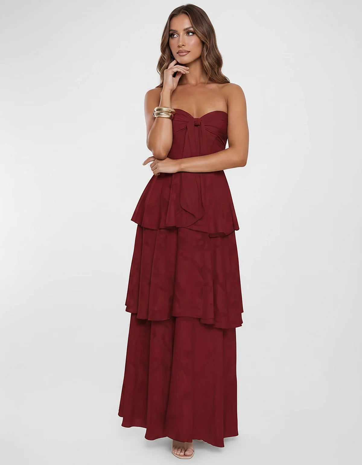 Chiffon Blend Strapless Sweetheart Tiered A-Line Maxi Dress for Party, Cocktail, Evening, Wedding Guest & Summer Events, fron | SKU: LM-482716503914827-BURGUNDY-L,LM-482716503914827-BURGUNDY-M,LM-482716503914827-BURGUNDY-S,LM-482716503914827-BURGUNDY-XL,LM-482716503914827-BURGUNDY-XS