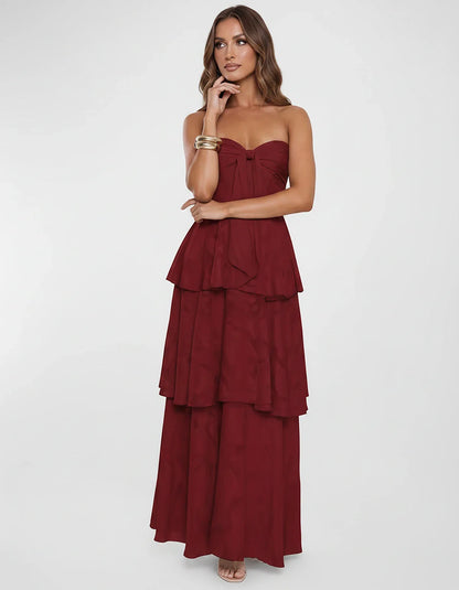 Chiffon Blend Strapless Sweetheart Tiered A-Line Maxi Dress for Party, Cocktail, Evening, Wedding Guest & Summer Events, fron | SKU: LM-482716503914827-BURGUNDY-L,LM-482716503914827-BURGUNDY-M,LM-482716503914827-BURGUNDY-S,LM-482716503914827-BURGUNDY-XL,LM-482716503914827-BURGUNDY-XS