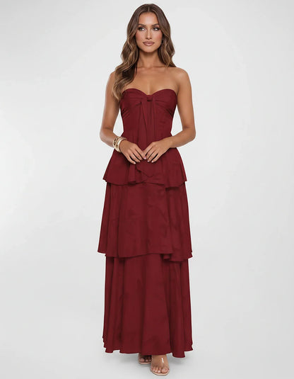 Chiffon Blend Strapless Sweetheart Tiered A-Line Maxi Dress for Party, Cocktail, Evening, Wedding Guest & Summer Events, fron | SKU: LM-482716503914827-BURGUNDY-L,LM-482716503914827-BURGUNDY-M,LM-482716503914827-BURGUNDY-S,LM-482716503914827-BURGUNDY-XL,LM-482716503914827-BURGUNDY-XS