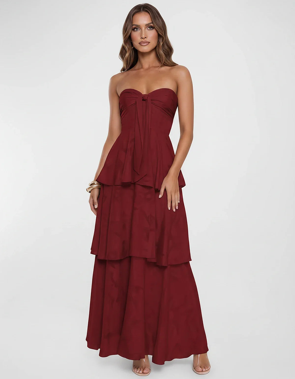 Chiffon Blend Strapless Sweetheart Tiered A-Line Maxi Dress for Party, Cocktail, Evening, Wedding Guest & Summer Events, fron | SKU: LM-482716503914827-BURGUNDY-L,LM-482716503914827-BURGUNDY-M,LM-482716503914827-BURGUNDY-S,LM-482716503914827-BURGUNDY-XL,LM-482716503914827-BURGUNDY-XS