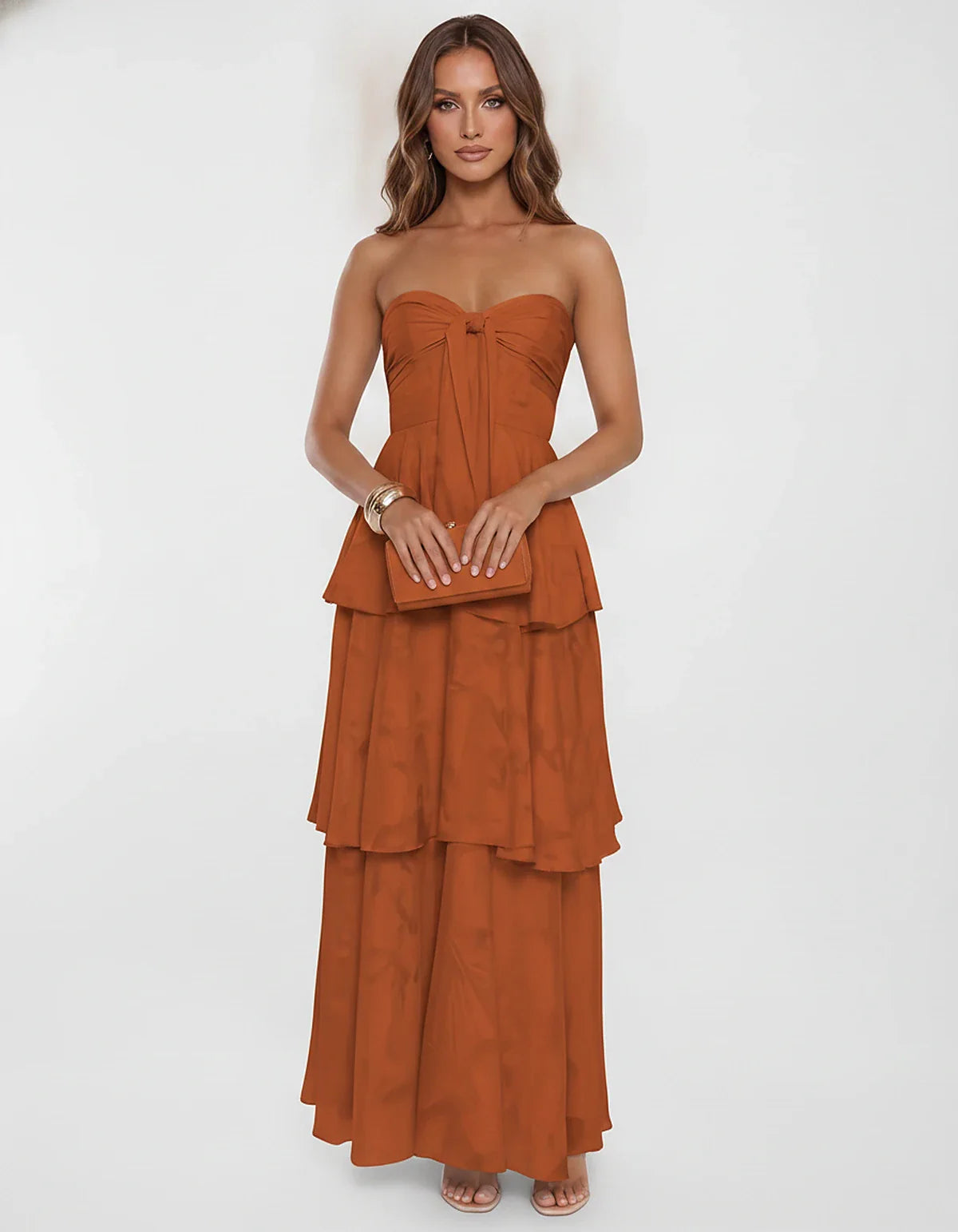 Chiffon Blend Strapless Sweetheart Tiered A-Line Maxi Dress for Party, Cocktail, Evening, Wedding Guest & Summer Events, fron | SKU: LM-482716503914827-BURNTORANGE-L,LM-482716503914827-BURNTORANGE-M,LM-482716503914827-BURNTORANGE-S,LM-482716503914827-BURNTORANGE-XL,LM-482716503914827-BURNTORANGE-XS