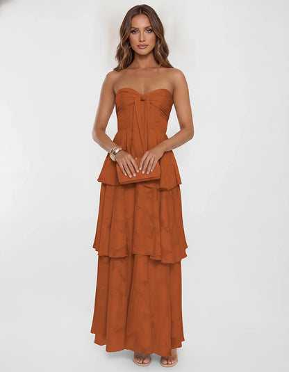 Chiffon Blend Strapless Sweetheart Tiered A-Line Maxi Dress for Party, Cocktail, Evening, Wedding Guest & Summer Events, fron | SKU: LM-482716503914827-BURNTORANGE-L,LM-482716503914827-BURNTORANGE-M,LM-482716503914827-BURNTORANGE-S,LM-482716503914827-BURNTORANGE-XL,LM-482716503914827-BURNTORANGE-XS