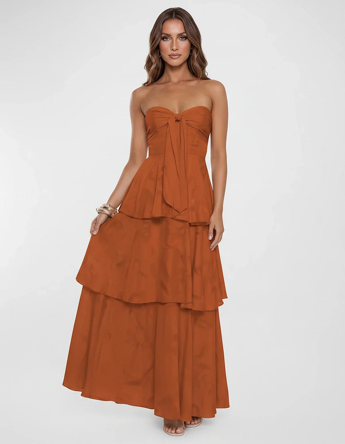 Chiffon Blend Strapless Sweetheart Tiered A-Line Maxi Dress for Party, Cocktail, Evening, Wedding Guest & Summer Events, fron | SKU: LM-482716503914827-BURNTORANGE-L,LM-482716503914827-BURNTORANGE-M,LM-482716503914827-BURNTORANGE-S,LM-482716503914827-BURNTORANGE-XL,LM-482716503914827-BURNTORANGE-XS