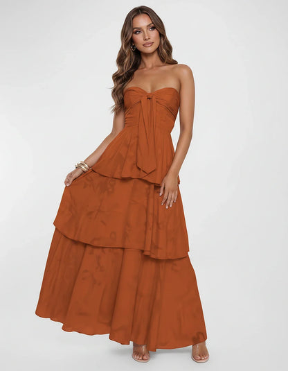 Chiffon Blend Strapless Sweetheart Tiered A-Line Maxi Dress for Party, Cocktail, Evening, Wedding Guest & Summer Events, fron | SKU: LM-482716503914827-BURNTORANGE-L,LM-482716503914827-BURNTORANGE-M,LM-482716503914827-BURNTORANGE-S,LM-482716503914827-BURNTORANGE-XL,LM-482716503914827-BURNTORANGE-XS