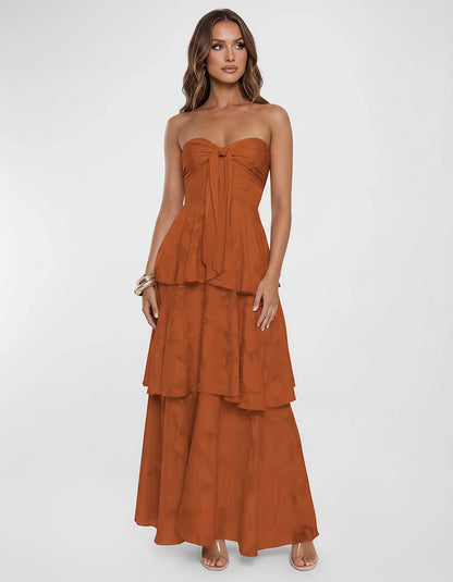 Chiffon Blend Strapless Sweetheart Tiered A-Line Maxi Dress for Party, Cocktail, Evening, Wedding Guest & Summer Events, fron | SKU: LM-482716503914827-BURNTORANGE-L,LM-482716503914827-BURNTORANGE-M,LM-482716503914827-BURNTORANGE-S,LM-482716503914827-BURNTORANGE-XL,LM-482716503914827-BURNTORANGE-XS