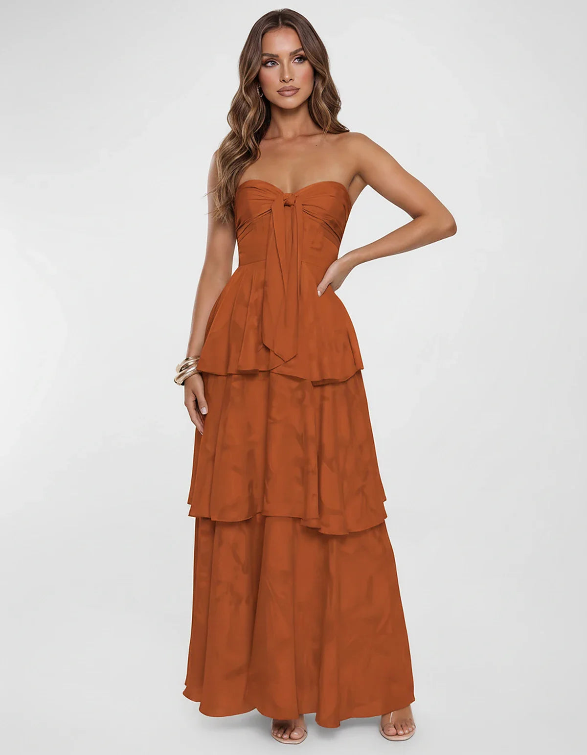 Chiffon Blend Strapless Sweetheart Tiered A-Line Maxi Dress for Party, Cocktail, Evening, Wedding Guest & Summer Events, fron | SKU: LM-482716503914827-BURNTORANGE-L,LM-482716503914827-BURNTORANGE-M,LM-482716503914827-BURNTORANGE-S,LM-482716503914827-BURNTORANGE-XL,LM-482716503914827-BURNTORANGE-XS