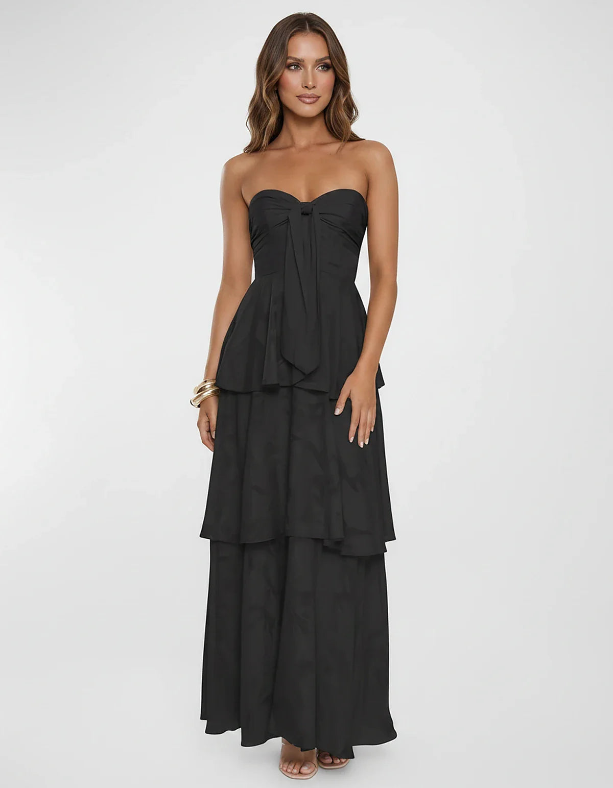 Chiffon Blend Strapless Sweetheart Tiered A-Line Maxi Dress for Party, Cocktail, Evening, Wedding Guest & Summer Events, fron | SKU: LM-482716503914827-BLACK-L,LM-482716503914827-BLACK-M,LM-482716503914827-BLACK-S,LM-482716503914827-BLACK-XL,LM-482716503914827-BLACK-XS