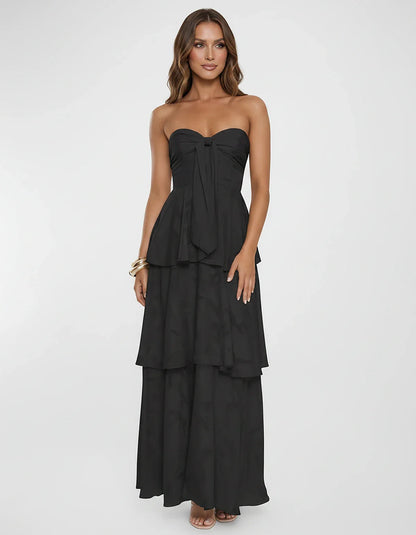 Chiffon Blend Strapless Sweetheart Tiered A-Line Maxi Dress for Party, Cocktail, Evening, Wedding Guest & Summer Events, fron | SKU: LM-482716503914827-BLACK-L,LM-482716503914827-BLACK-M,LM-482716503914827-BLACK-S,LM-482716503914827-BLACK-XL,LM-482716503914827-BLACK-XS