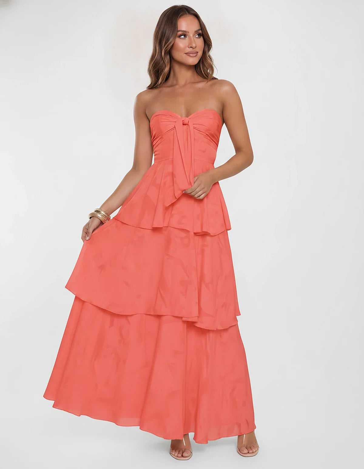 Chiffon Blend Strapless Sweetheart Tiered A-Line Maxi Dress for Party, Cocktail, Evening, Wedding Guest & Summer Events, fron | SKU: LM-482716503914827-CORAL-L,LM-482716503914827-CORAL-M,LM-482716503914827-CORAL-S,LM-482716503914827-CORAL-XL,LM-482716503914827-CORAL-XS