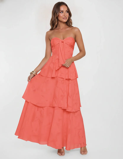 Chiffon Blend Strapless Sweetheart Tiered A-Line Maxi Dress for Party, Cocktail, Evening, Wedding Guest & Summer Events, fron | SKU: LM-482716503914827-CORAL-L,LM-482716503914827-CORAL-M,LM-482716503914827-CORAL-S,LM-482716503914827-CORAL-XL,LM-482716503914827-CORAL-XS