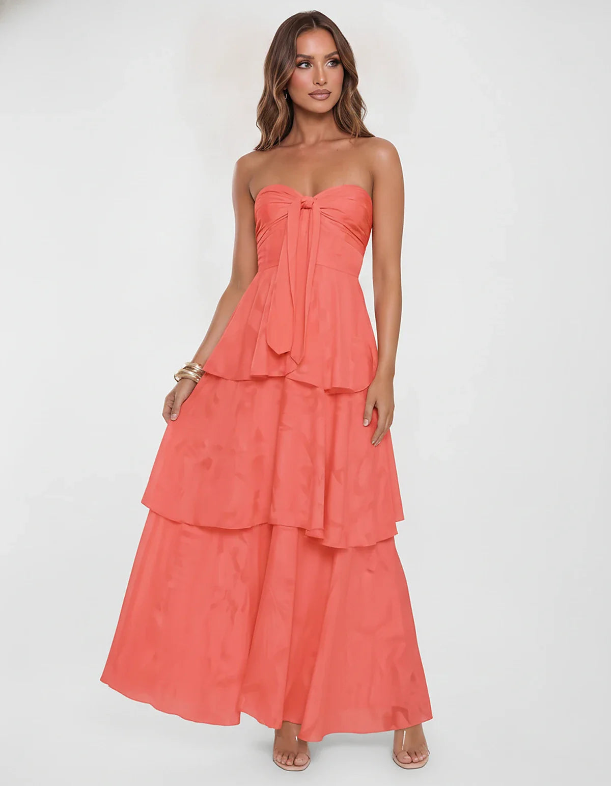 Chiffon Blend Strapless Sweetheart Tiered A-Line Maxi Dress for Party, Cocktail, Evening, Wedding Guest & Summer Events, fron | SKU: LM-482716503914827-CORAL-L,LM-482716503914827-CORAL-M,LM-482716503914827-CORAL-S,LM-482716503914827-CORAL-XL,LM-482716503914827-CORAL-XS
