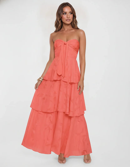 Chiffon Blend Strapless Sweetheart Tiered A-Line Maxi Dress for Party, Cocktail, Evening, Wedding Guest & Summer Events, fron | SKU: LM-482716503914827-CORAL-L,LM-482716503914827-CORAL-M,LM-482716503914827-CORAL-S,LM-482716503914827-CORAL-XL,LM-482716503914827-CORAL-XS