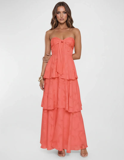 Chiffon Blend Strapless Sweetheart Tiered A-Line Maxi Dress for Party, Cocktail, Evening, Wedding Guest & Summer Events, fron | SKU: LM-482716503914827-CORAL-L,LM-482716503914827-CORAL-M,LM-482716503914827-CORAL-S,LM-482716503914827-CORAL-XL,LM-482716503914827-CORAL-XS