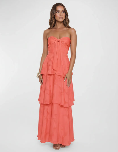 Chiffon Blend Strapless Sweetheart Tiered A-Line Maxi Dress for Party, Cocktail, Evening, Wedding Guest & Summer Events, fron | SKU: LM-482716503914827-CORAL-L,LM-482716503914827-CORAL-M,LM-482716503914827-CORAL-S,LM-482716503914827-CORAL-XL,LM-482716503914827-CORAL-XS