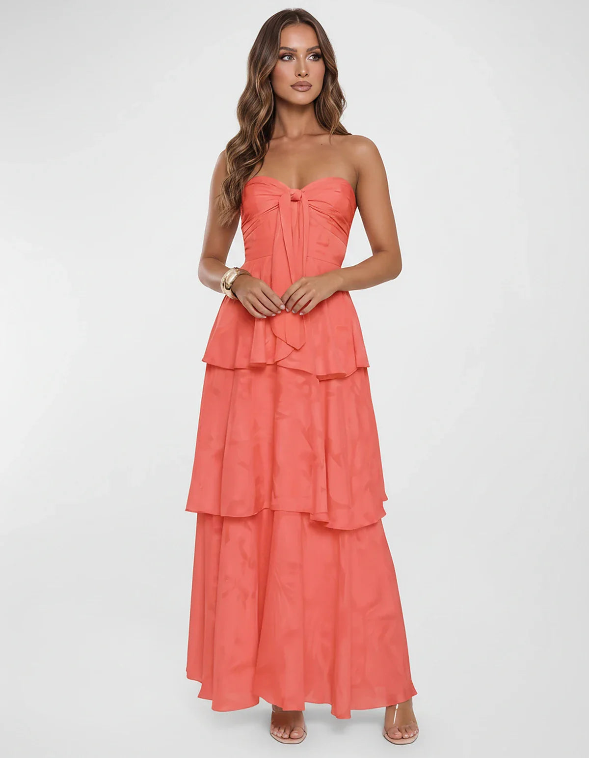 Chiffon Blend Strapless Sweetheart Tiered A-Line Maxi Dress for Party, Cocktail, Evening, Wedding Guest & Summer Events, fron | SKU: LM-482716503914827-CORAL-L,LM-482716503914827-CORAL-M,LM-482716503914827-CORAL-S,LM-482716503914827-CORAL-XL,LM-482716503914827-CORAL-XS