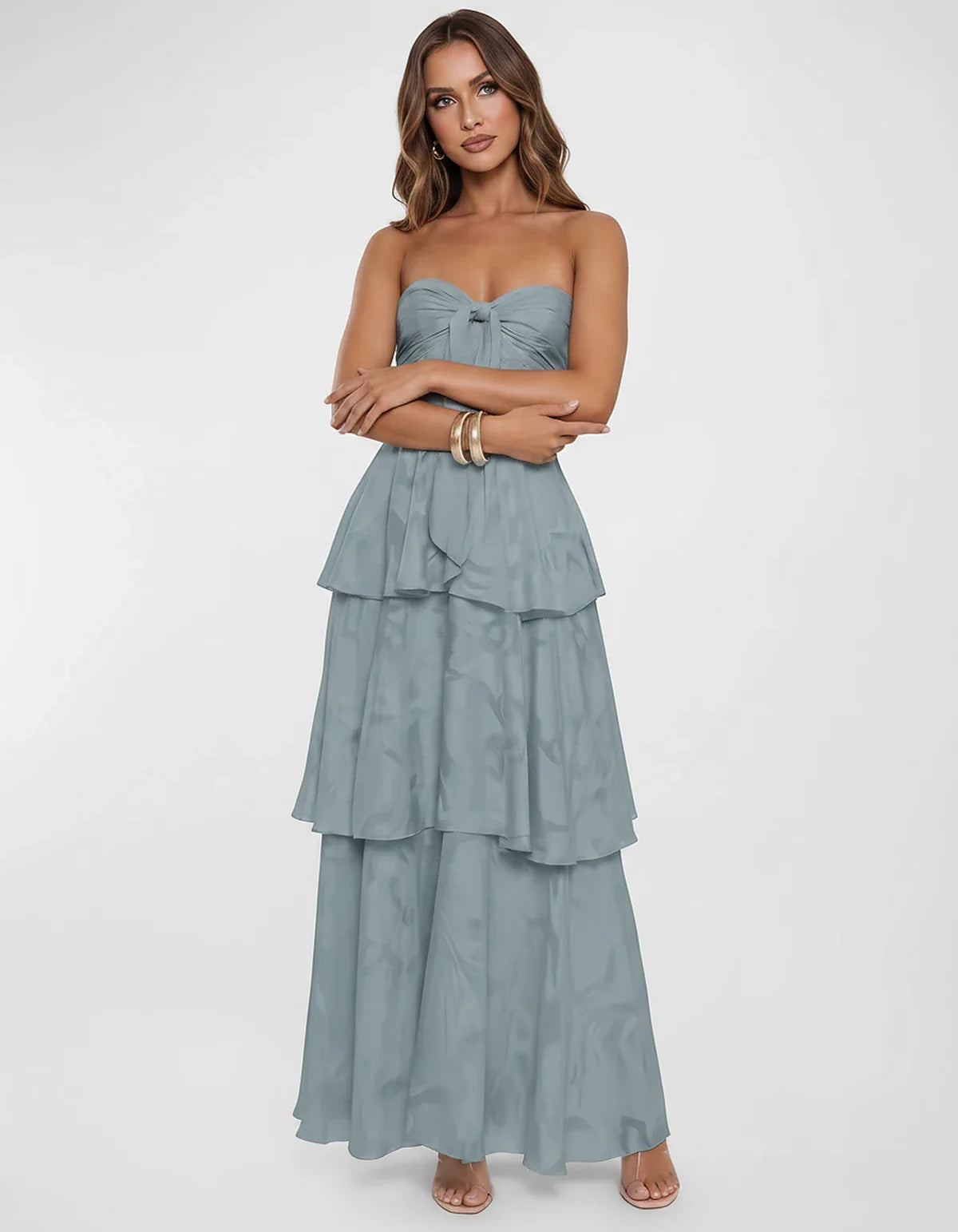 Chiffon Blend Strapless Sweetheart Tiered A-Line Maxi Dress for Party, Cocktail, Evening, Wedding Guest & Summer Events, fron | SKU: LM-482716503914827-DUSTYBLUE-L,LM-482716503914827-DUSTYBLUE-M,LM-482716503914827-DUSTYBLUE-S,LM-482716503914827-DUSTYBLUE-XL,LM-482716503914827-DUSTYBLUE-XS