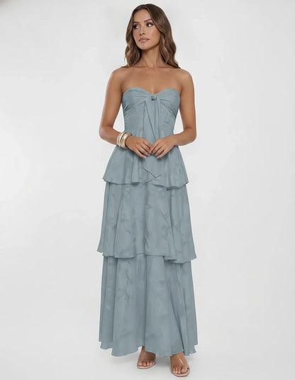 Chiffon Blend Strapless Sweetheart Tiered A-Line Maxi Dress for Party, Cocktail, Evening, Wedding Guest & Summer Events, fron | SKU: LM-482716503914827-DUSTYBLUE-L,LM-482716503914827-DUSTYBLUE-M,LM-482716503914827-DUSTYBLUE-S,LM-482716503914827-DUSTYBLUE-XL,LM-482716503914827-DUSTYBLUE-XS