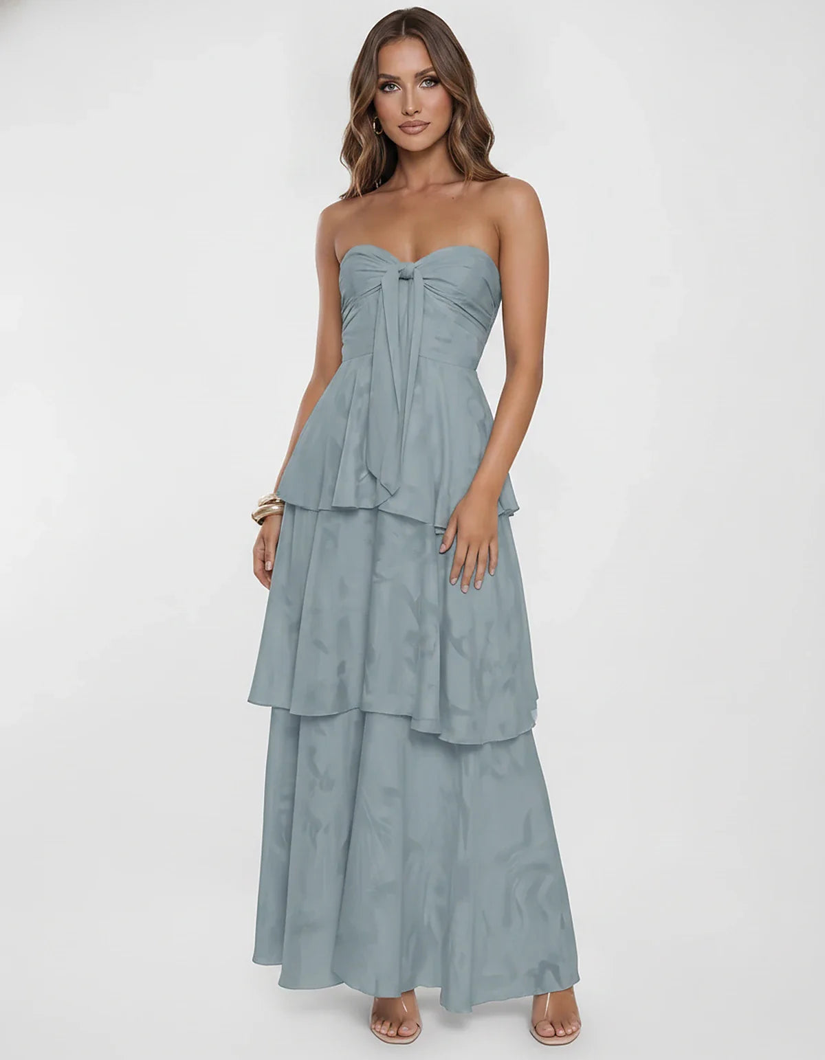 Chiffon Blend Strapless Sweetheart Tiered A-Line Maxi Dress for Party, Cocktail, Evening, Wedding Guest & Summer Events, fron | SKU: LM-482716503914827-DUSTYBLUE-L,LM-482716503914827-DUSTYBLUE-M,LM-482716503914827-DUSTYBLUE-S,LM-482716503914827-DUSTYBLUE-XL,LM-482716503914827-DUSTYBLUE-XS