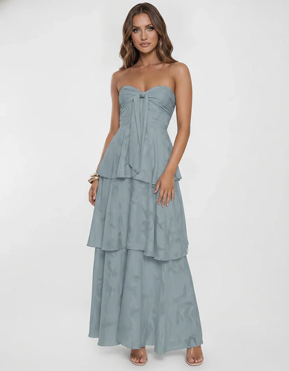 Chiffon Blend Strapless Sweetheart Tiered A-Line Maxi Dress for Party, Cocktail, Evening, Wedding Guest & Summer Events, fron | SKU: LM-482716503914827-DUSTYBLUE-L,LM-482716503914827-DUSTYBLUE-M,LM-482716503914827-DUSTYBLUE-S,LM-482716503914827-DUSTYBLUE-XL,LM-482716503914827-DUSTYBLUE-XS