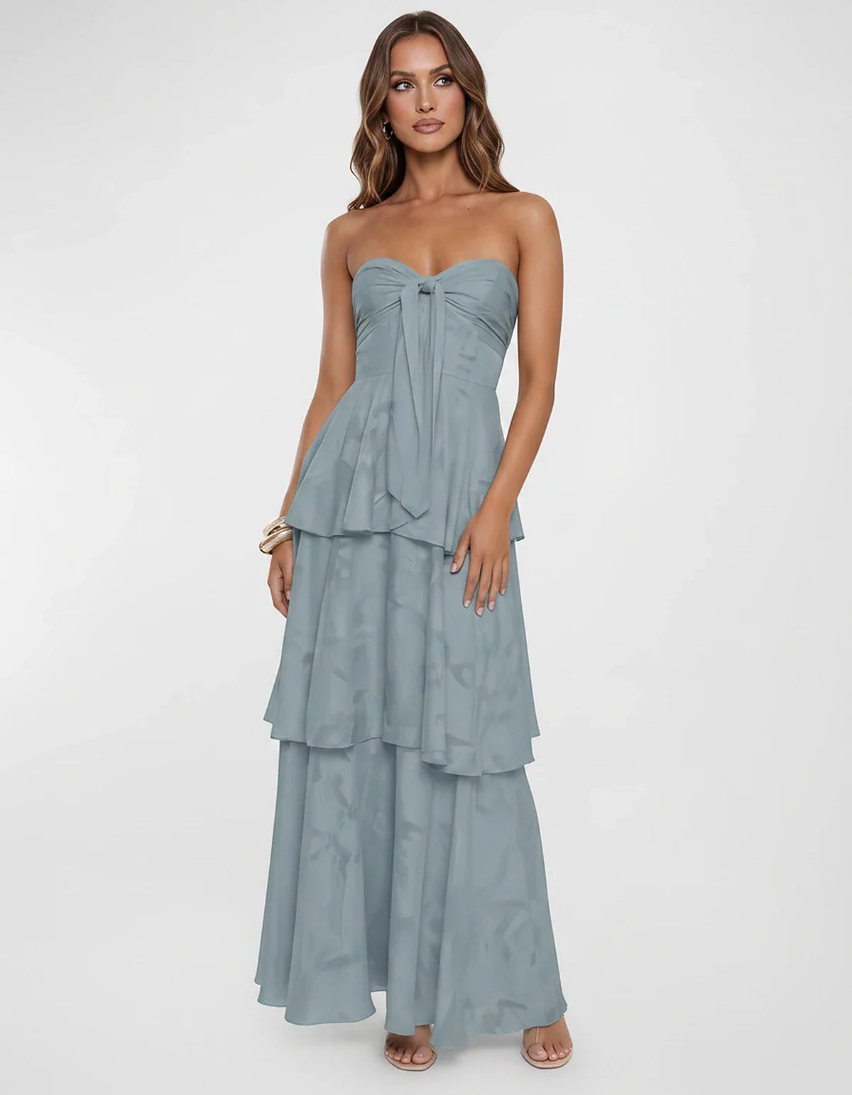 Chiffon Blend Strapless Sweetheart Tiered A-Line Maxi Dress for Party, Cocktail, Evening, Wedding Guest & Summer Events, fron | SKU: LM-482716503914827-DUSTYBLUE-L,LM-482716503914827-DUSTYBLUE-M,LM-482716503914827-DUSTYBLUE-S,LM-482716503914827-DUSTYBLUE-XL,LM-482716503914827-DUSTYBLUE-XS