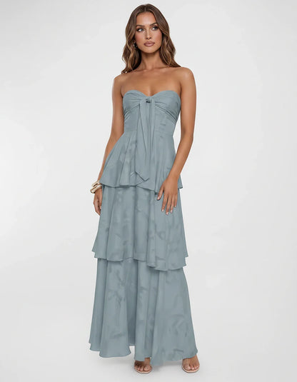 Chiffon Blend Strapless Sweetheart Tiered A-Line Maxi Dress for Party, Cocktail, Evening, Wedding Guest & Summer Events, fron | SKU: LM-482716503914827-DUSTYBLUE-L,LM-482716503914827-DUSTYBLUE-M,LM-482716503914827-DUSTYBLUE-S,LM-482716503914827-DUSTYBLUE-XL,LM-482716503914827-DUSTYBLUE-XS