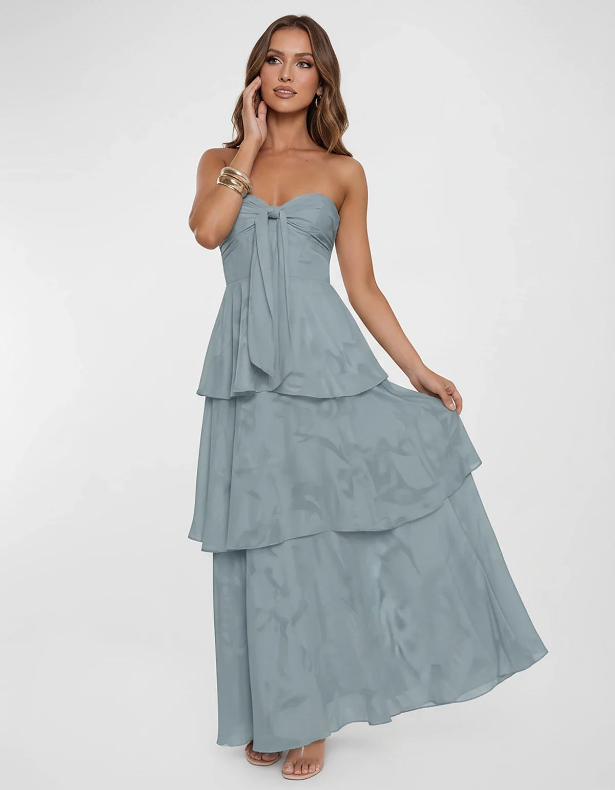 Chiffon Blend Strapless Sweetheart Tiered A-Line Maxi Dress for Party, Cocktail, Evening, Wedding Guest & Summer Events, fron | SKU: LM-482716503914827-DUSTYBLUE-L,LM-482716503914827-DUSTYBLUE-M,LM-482716503914827-DUSTYBLUE-S,LM-482716503914827-DUSTYBLUE-XL,LM-482716503914827-DUSTYBLUE-XS