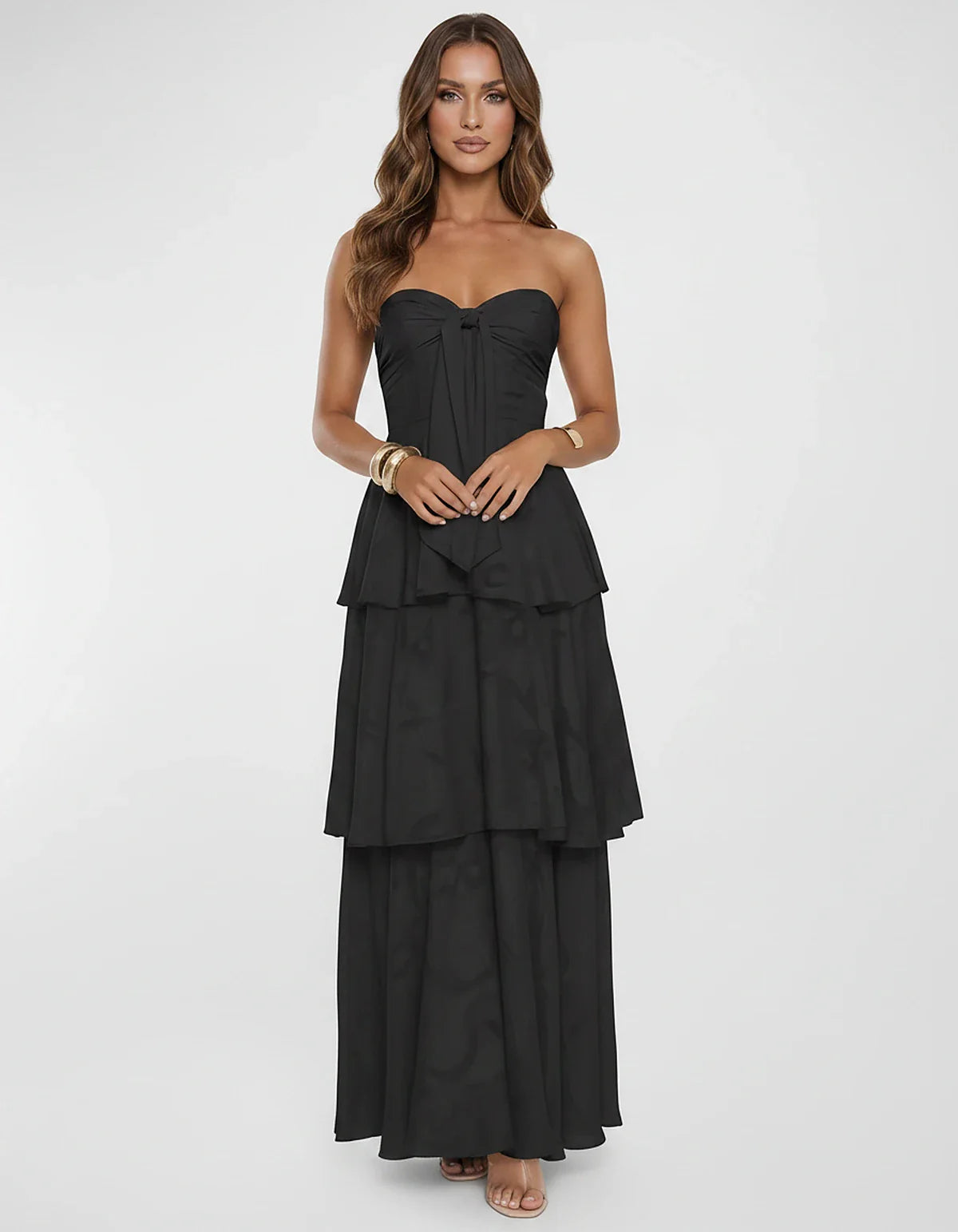 Chiffon Blend Strapless Sweetheart Tiered A-Line Maxi Dress for Party, Cocktail, Evening, Wedding Guest & Summer Events, fron | SKU: LM-482716503914827-BLACK-L,LM-482716503914827-BLACK-M,LM-482716503914827-BLACK-S,LM-482716503914827-BLACK-XL,LM-482716503914827-BLACK-XS