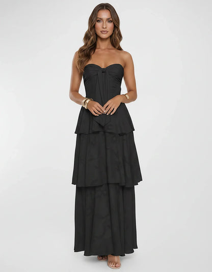 Chiffon Blend Strapless Sweetheart Tiered A-Line Maxi Dress for Party, Cocktail, Evening, Wedding Guest & Summer Events, fron | SKU: LM-482716503914827-BLACK-L,LM-482716503914827-BLACK-M,LM-482716503914827-BLACK-S,LM-482716503914827-BLACK-XL,LM-482716503914827-BLACK-XS