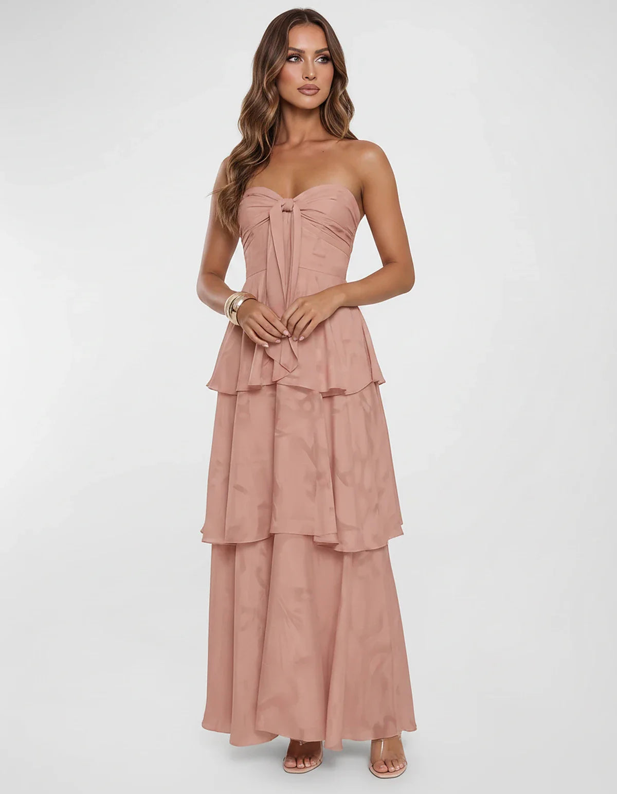 Chiffon Blend Strapless Sweetheart Tiered A-Line Maxi Dress for Party, Cocktail, Evening, Wedding Guest & Summer Events, fron | SKU: LM-482716503914827-DUSTYROSE-L,LM-482716503914827-DUSTYROSE-M,LM-482716503914827-DUSTYROSE-S,LM-482716503914827-DUSTYROSE-XL,LM-482716503914827-DUSTYROSE-XS