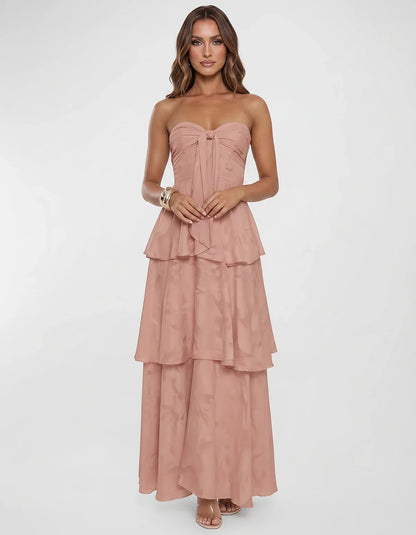Chiffon Blend Strapless Sweetheart Tiered A-Line Maxi Dress for Party, Cocktail, Evening, Wedding Guest & Summer Events, fron | SKU: LM-482716503914827-DUSTYROSE-L,LM-482716503914827-DUSTYROSE-M,LM-482716503914827-DUSTYROSE-S,LM-482716503914827-DUSTYROSE-XL,LM-482716503914827-DUSTYROSE-XS