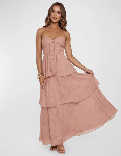 Chiffon Blend Strapless Sweetheart Tiered A-Line Maxi Dress for Party, Cocktail, Evening, Wedding Guest & Summer Events, fron | SKU: LM-482716503914827-DUSTYROSE-L,LM-482716503914827-DUSTYROSE-M,LM-482716503914827-DUSTYROSE-S,LM-482716503914827-DUSTYROSE-XL,LM-482716503914827-DUSTYROSE-XS