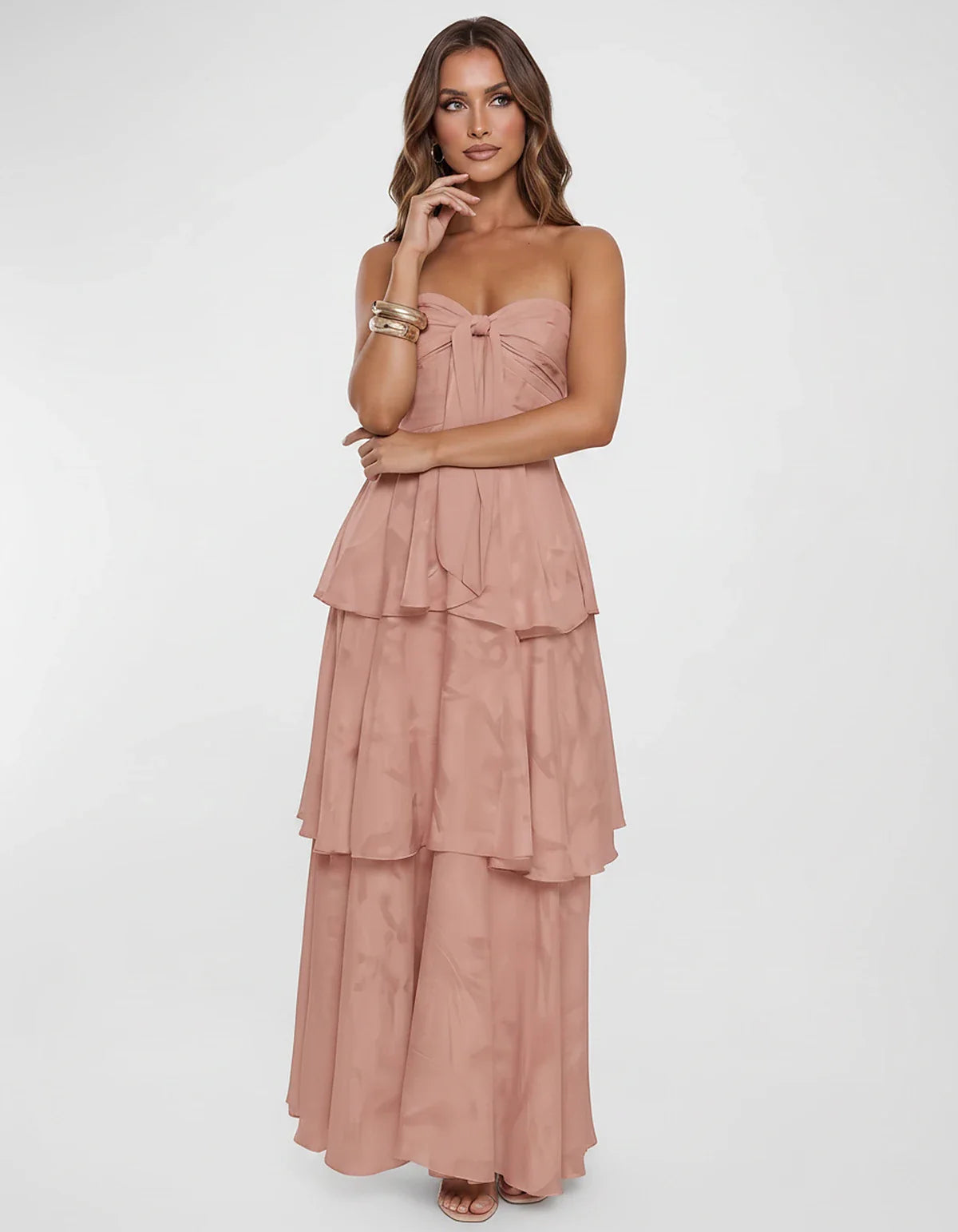Chiffon Blend Strapless Sweetheart Tiered A-Line Maxi Dress for Party, Cocktail, Evening, Wedding Guest & Summer Events, fron | SKU: LM-482716503914827-DUSTYROSE-L,LM-482716503914827-DUSTYROSE-M,LM-482716503914827-DUSTYROSE-S,LM-482716503914827-DUSTYROSE-XL,LM-482716503914827-DUSTYROSE-XS
