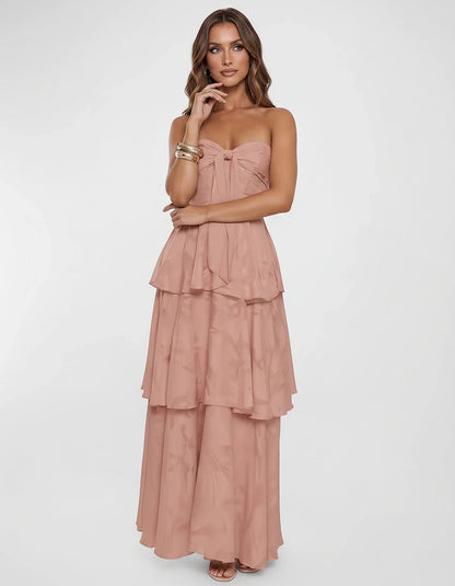 Chiffon Blend Strapless Sweetheart Tiered A-Line Maxi Dress for Party, Cocktail, Evening, Wedding Guest & Summer Events, fron | SKU: LM-482716503914827-DUSTYROSE-L,LM-482716503914827-DUSTYROSE-M,LM-482716503914827-DUSTYROSE-S,LM-482716503914827-DUSTYROSE-XL,LM-482716503914827-DUSTYROSE-XS