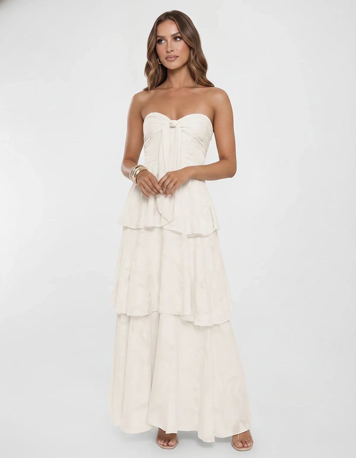 Chiffon Blend Strapless Sweetheart Tiered A-Line Maxi Dress for Party, Cocktail, Evening, Wedding Guest & Summer Events, fron | SKU: LM-482716503914827-IVORY-L,LM-482716503914827-IVORY-M,LM-482716503914827-IVORY-S,LM-482716503914827-IVORY-XL,LM-482716503914827-IVORY-XS