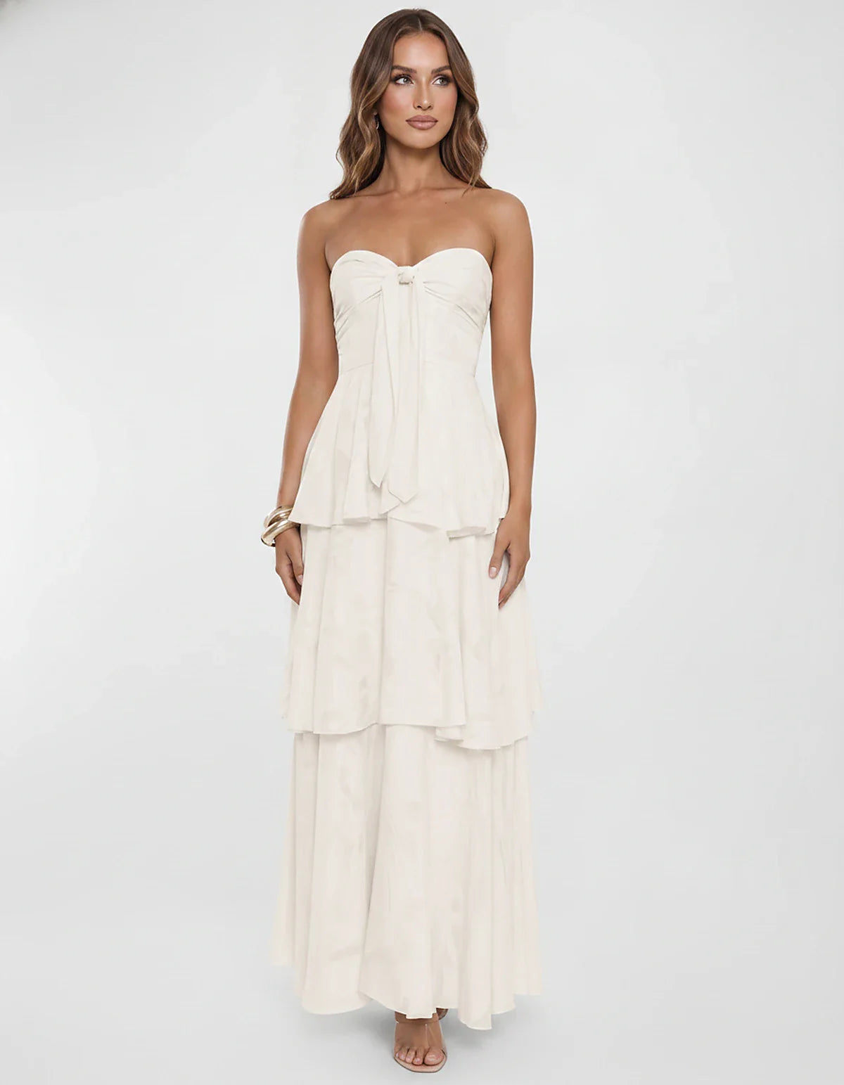 Chiffon Blend Strapless Sweetheart Tiered A-Line Maxi Dress for Party, Cocktail, Evening, Wedding Guest & Summer Events, fron | SKU: LM-482716503914827-IVORY-L,LM-482716503914827-IVORY-M,LM-482716503914827-IVORY-S,LM-482716503914827-IVORY-XL,LM-482716503914827-IVORY-XS