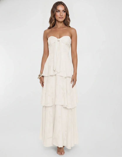Chiffon Blend Strapless Sweetheart Tiered A-Line Maxi Dress for Party, Cocktail, Evening, Wedding Guest & Summer Events, fron | SKU: LM-482716503914827-IVORY-L,LM-482716503914827-IVORY-M,LM-482716503914827-IVORY-S,LM-482716503914827-IVORY-XL,LM-482716503914827-IVORY-XS