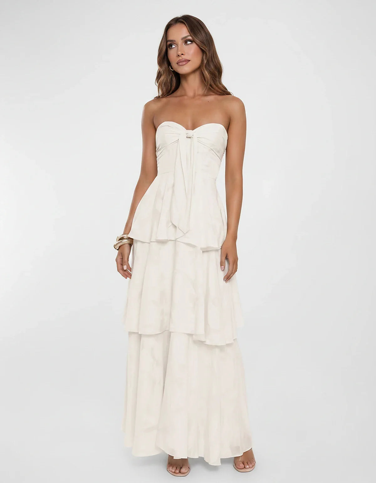 Chiffon Blend Strapless Sweetheart Tiered A-Line Maxi Dress for Party, Cocktail, Evening, Wedding Guest & Summer Events, fron | SKU: LM-482716503914827-IVORY-L,LM-482716503914827-IVORY-M,LM-482716503914827-IVORY-S,LM-482716503914827-IVORY-XL,LM-482716503914827-IVORY-XS